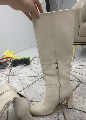 Beyaz Deri Dizüstü Topuklu Çizme - Görsel 4