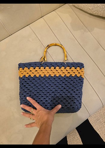 Nakışlı Örgü Mavi Kadın Çanta - Görsel 5