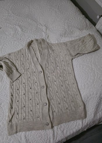 Örgü V Yaka Beyaz Midi Hırka - Görsel 3