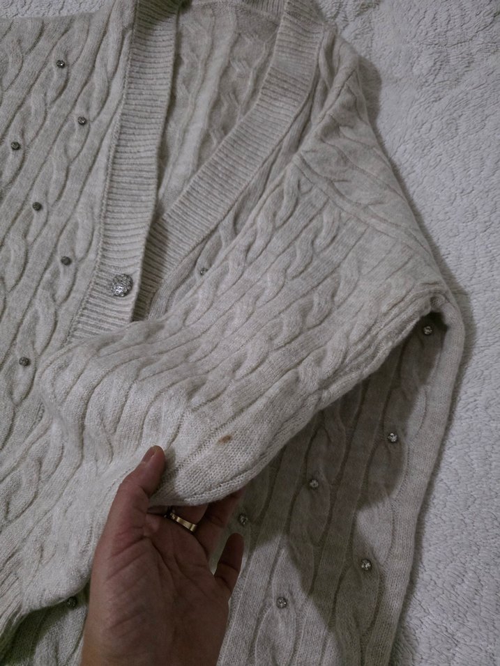 Örgü V Yaka Beyaz Midi Hırka - Görsel 5