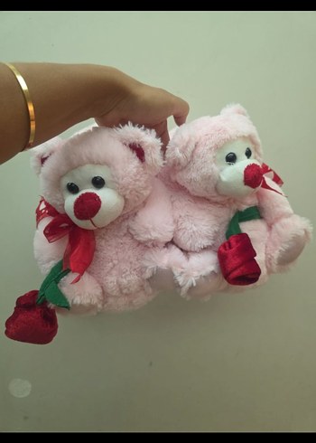 Pembe Çiçekli İkili Peluş Oyuncak panduf - Görsel 4