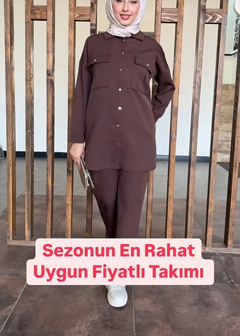 Düğmeli Kahverengi Midi Takım