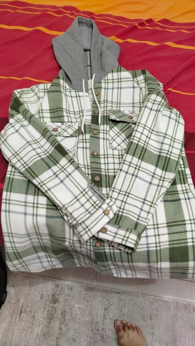 Kapüşonlu Düğmelii yesil oduncu Gömlek - Görsel 2