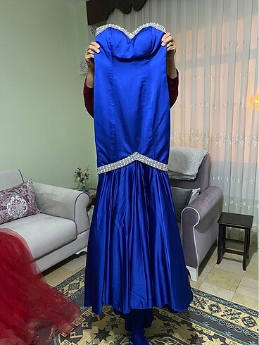 özel dikim saksı mavisi gece elbisesi