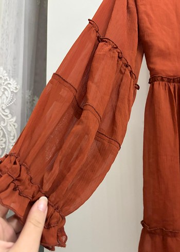 Uzun Kol, Fırfırlı Kahverengi Bohem Tunik - Görsel 3