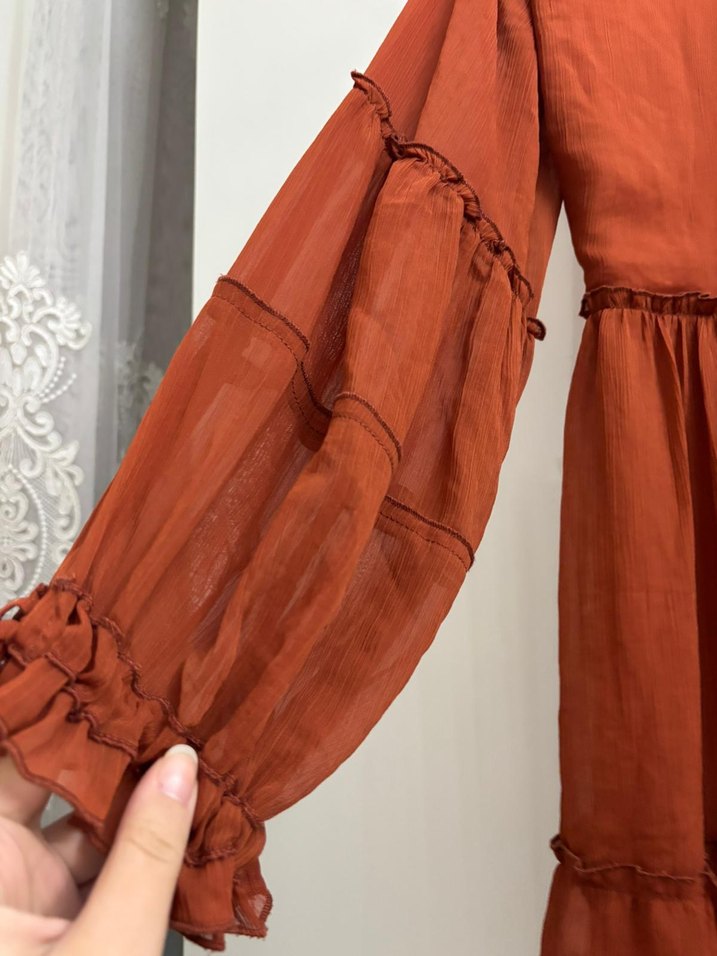 Uzun Kol, Fırfırlı Kahverengi Bohem Tunik - Görsel 3