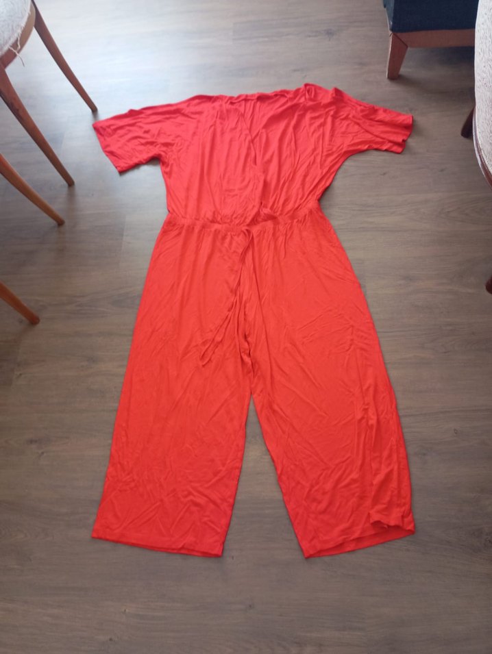 Kırmızı V Yakalı Midi Kadın Tulum - Görsel 2