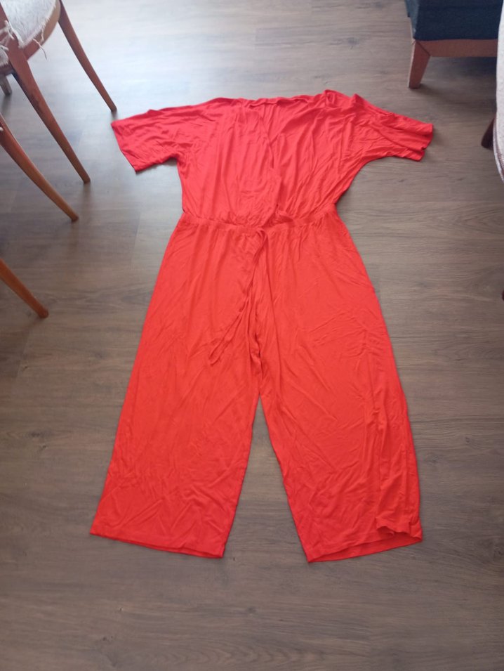 Kırmızı V Yakalı Midi Kadın Tulum - Görsel 4