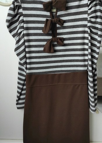 Kadın Gri Kahverengi Çizgili Midi Elbise - Görsel 2