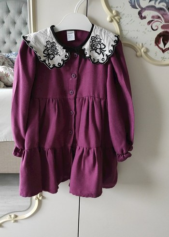 Mor Nakışlı Uzun Kollu Fırfırlı Kız Elbise - Görsel 2