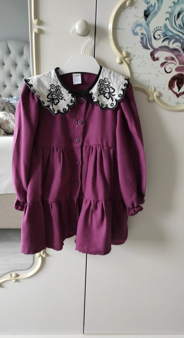 Mor Nakışlı Uzun Kollu Fırfırlı Kız Elbise - Görsel 2