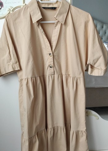 Bej Düğmeli Midi Keten Elbise - Görsel 2