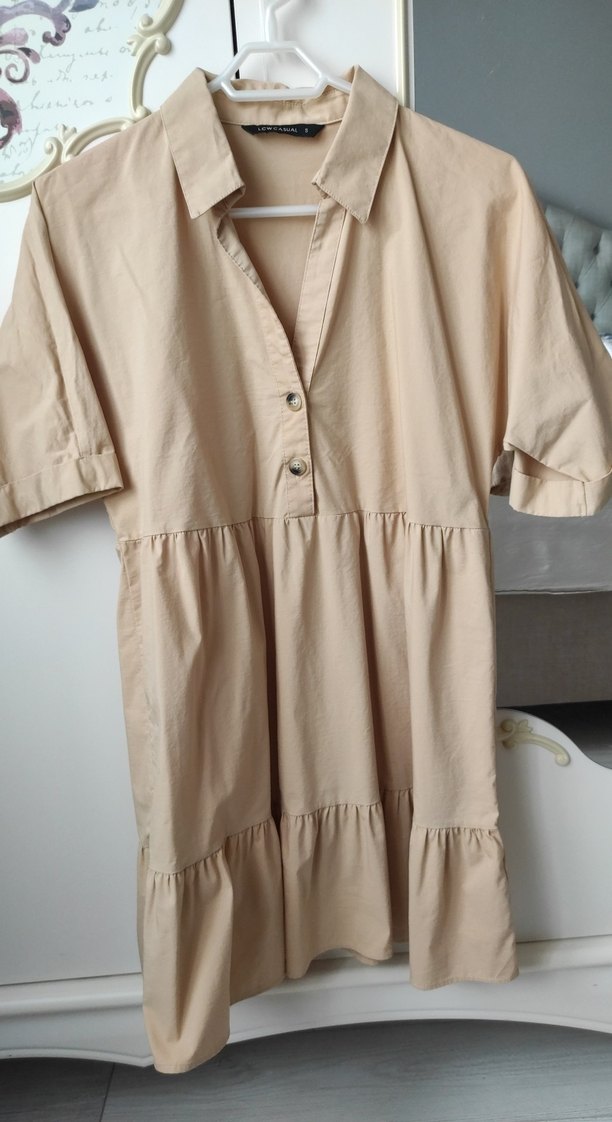 Bej Düğmeli Midi Keten Elbise - Görsel 3