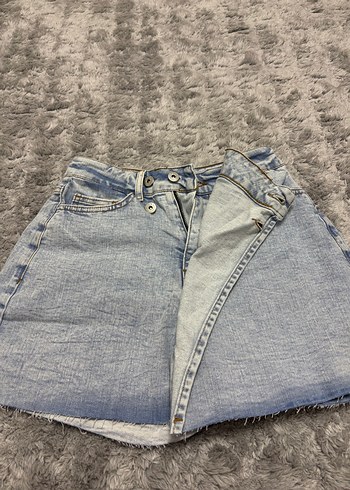 Düğmeli Mavi Midi Denim Şort Etek - Görsel 2