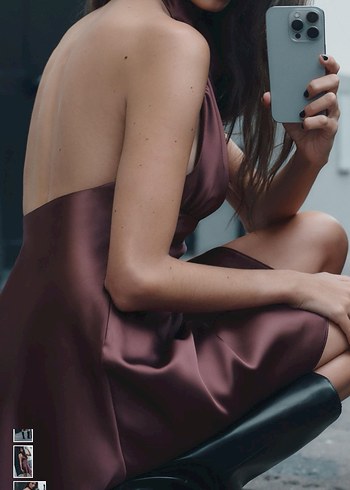 Zara Etiketli Bordo Drapeli Yüksek Yakalı Midi Abiye Elbise - Görsel 5