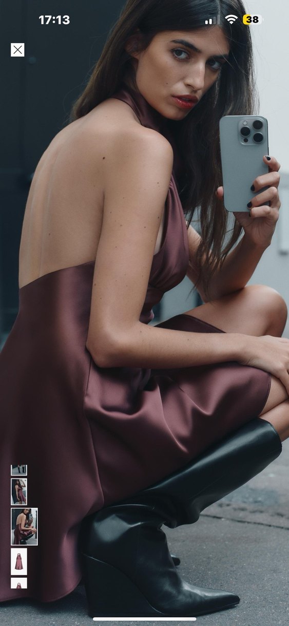 Zara Etiketli Bordo Drapeli Yüksek Yakalı Midi Abiye Elbise - Görsel 5