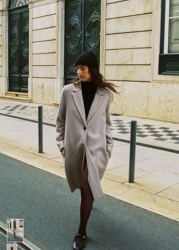 Zara Etiketli Tek Düğmeli Bej Kaban - Görsel 6