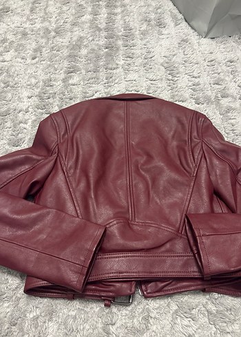Bershka Etiketli Bordo Deri Kemerli Biker Ceket - Görsel 8