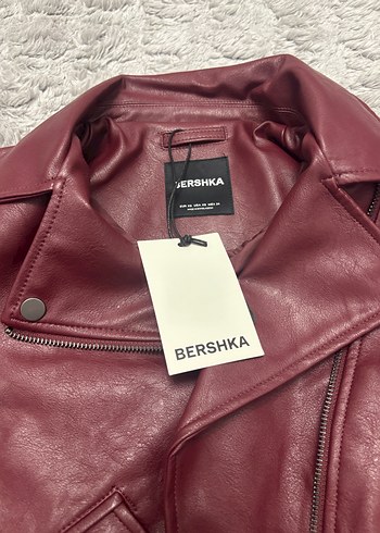 Bershka Etiketli Bordo Deri Kemerli Biker Ceket - Görsel 6