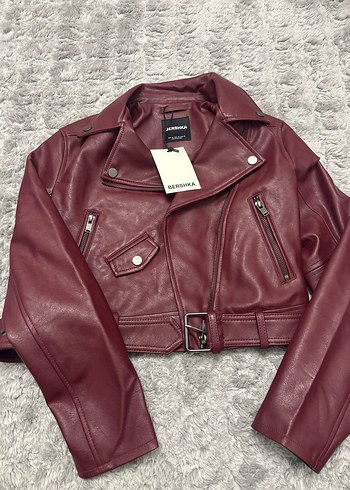 Bershka Etiketli Bordo Deri Kemerli Biker Ceket - Görsel 4