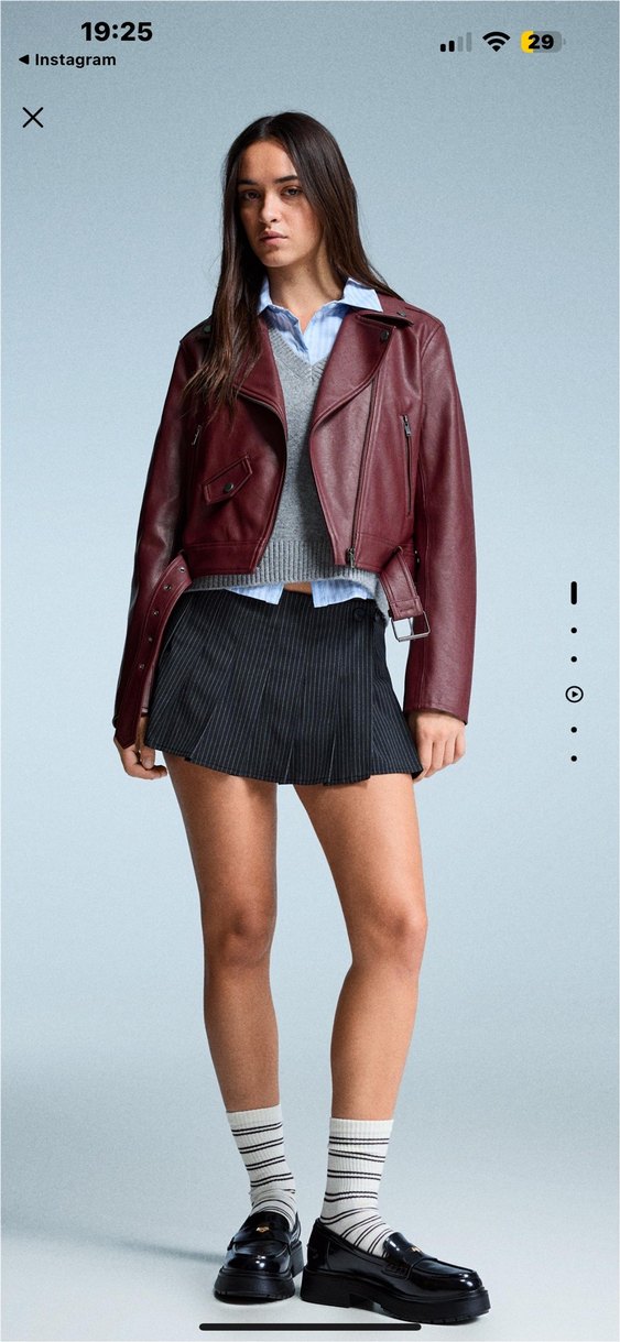 Bershka Etiketli Bordo Deri Kemerli Biker Ceket - Görsel 2