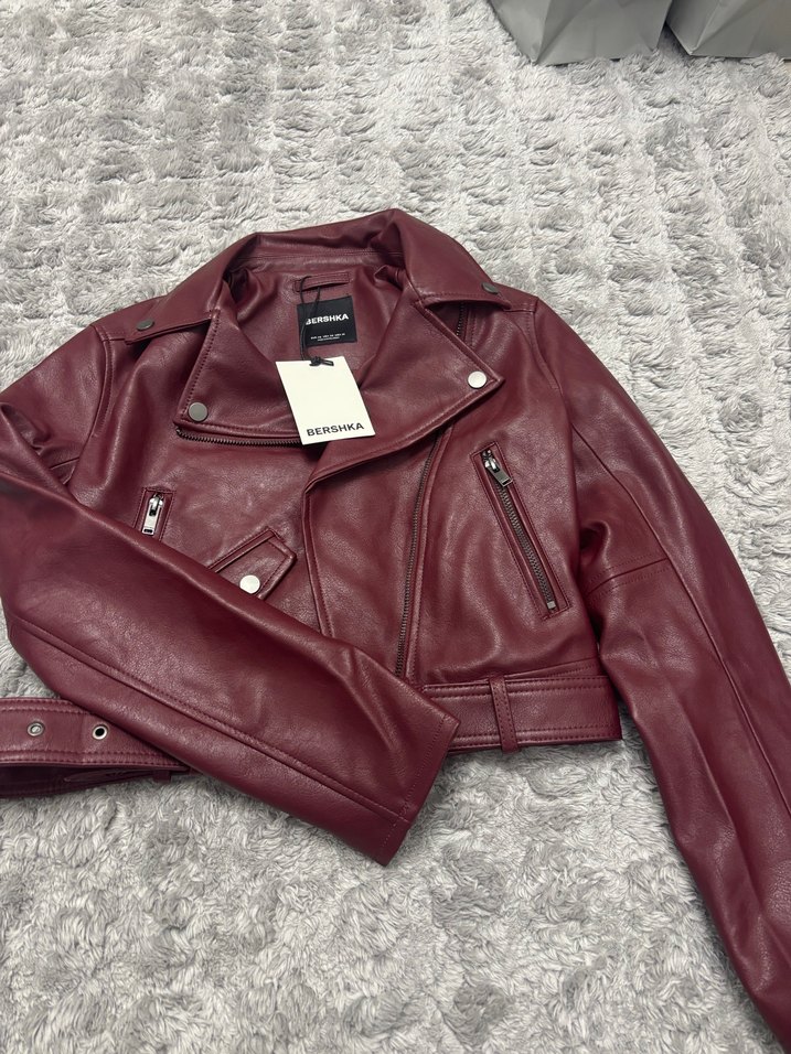 Bershka Etiketli Bordo Deri Kemerli Biker Ceket - Görsel 5