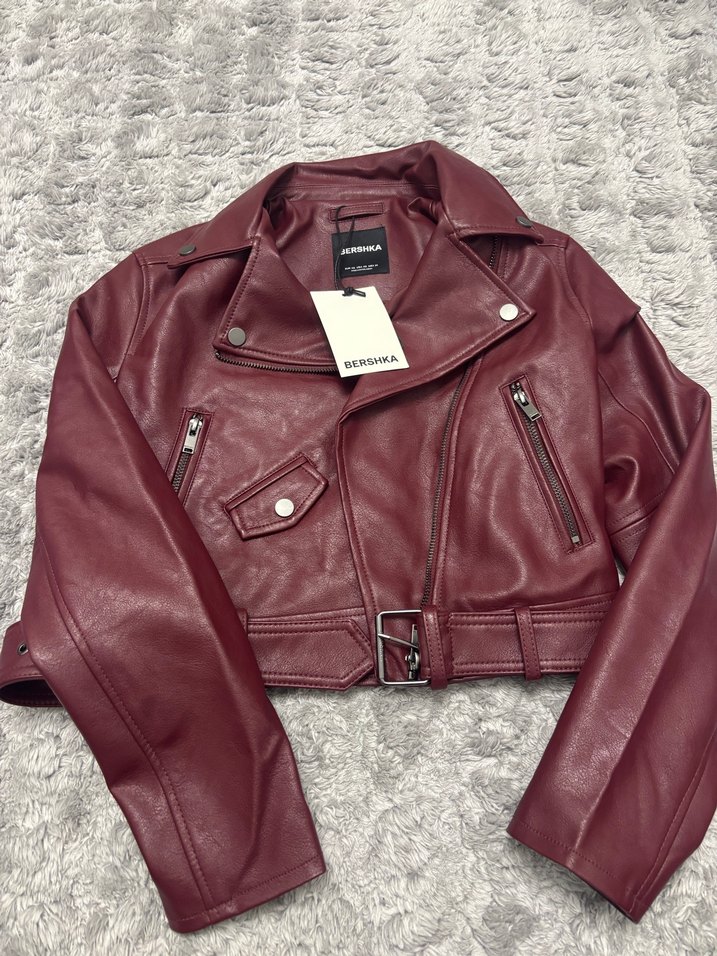 Bershka Etiketli Bordo Deri Kemerli Biker Ceket - Görsel 4