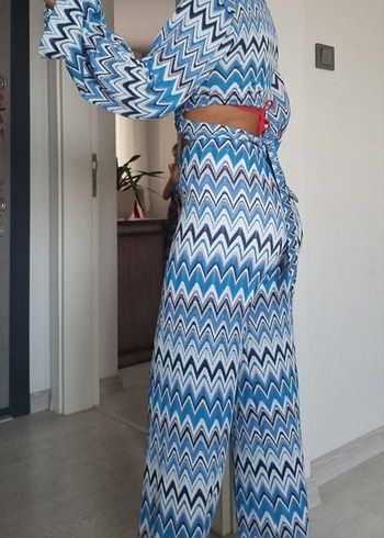 Zara Mavi Bağlama Desenli Bol Kesim takim