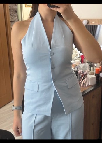m Beden mavi Renk Mavi Denim Düğmeli Kolsuz Takım Elbise