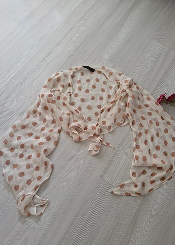 xs Beden Camel Puantiyeli V Yaka Mini Kadın Bluz