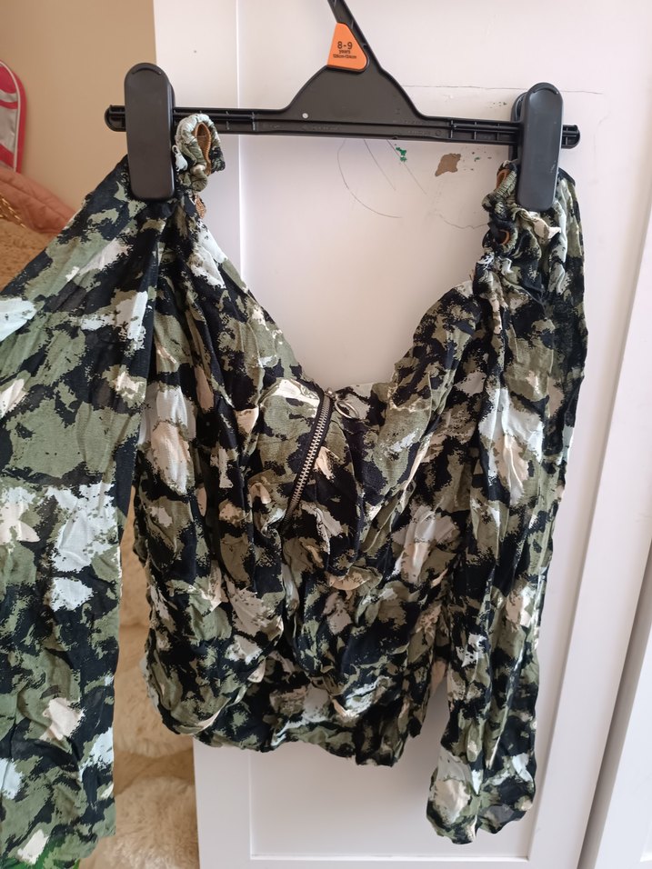 Kadın Haki Kamuflaj Drapeli Straplez Bluz - Görsel 2