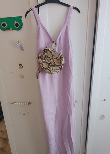 Lila V Yaka Kolsuz Uzun Keten Elbise - Görsel 2