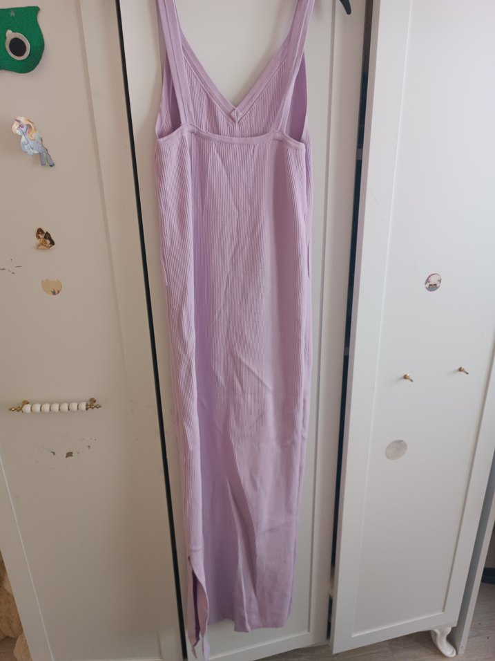 Lila V Yaka Kolsuz Uzun Keten Elbise - Görsel 3