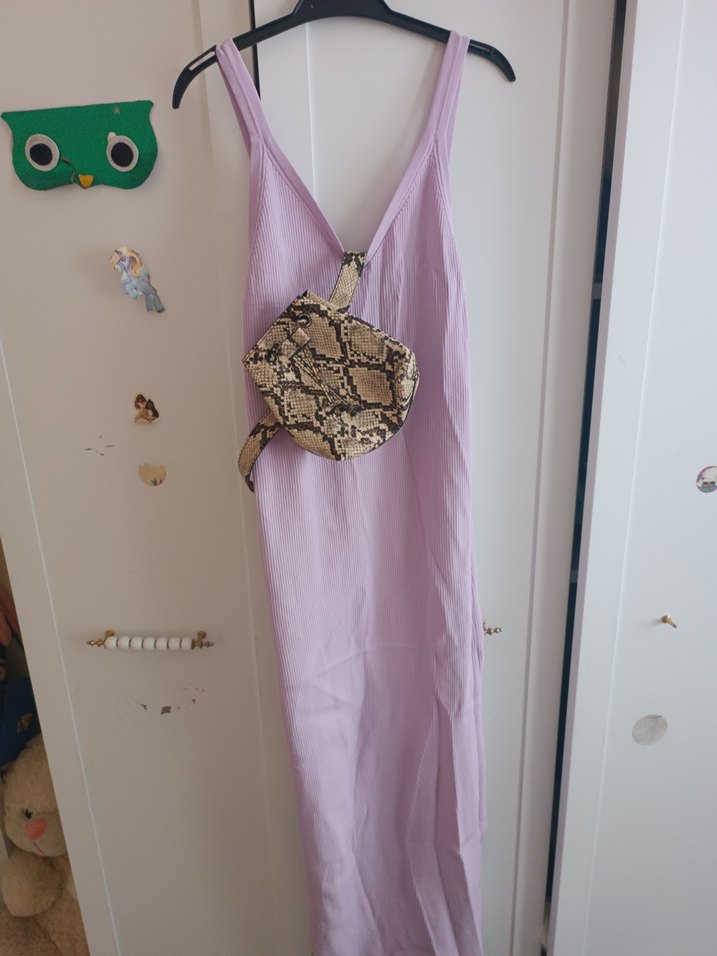 Lila V Yaka Kolsuz Uzun Keten Elbise - Görsel 2