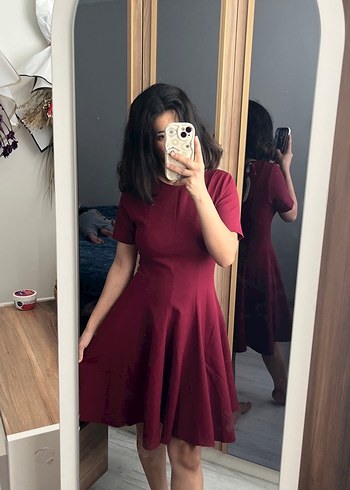 Bordo Midi oval Yaka Kısa Kollu Kadın Elbise - Görsel 2