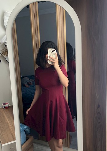 Bordo Midi oval Yaka Kısa Kollu Kadın Elbise - Görsel 4