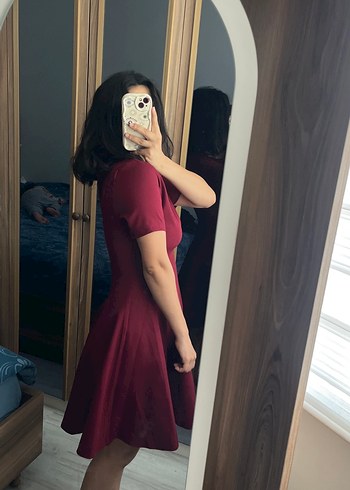 Bordo Midi oval Yaka Kısa Kollu Kadın Elbise - Görsel 3