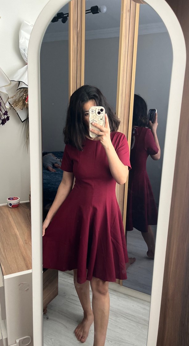 Bordo Midi oval Yaka Kısa Kollu Kadın Elbise - Görsel 2