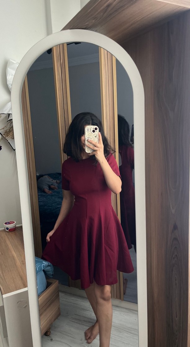 Bordo Midi oval Yaka Kısa Kollu Kadın Elbise - Görsel 4