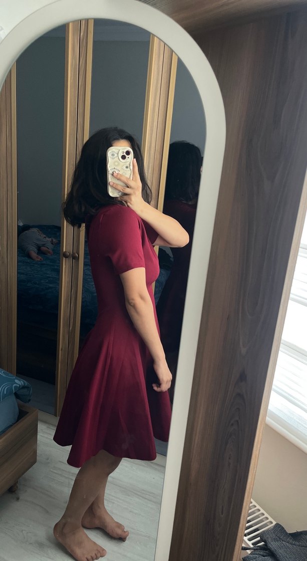 Bordo Midi oval Yaka Kısa Kollu Kadın Elbise - Görsel 3