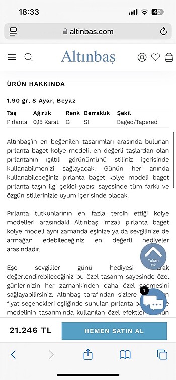 Beden beyaz Renk Altınbaş 0.15 Karat Pırlanta Baget Kolye