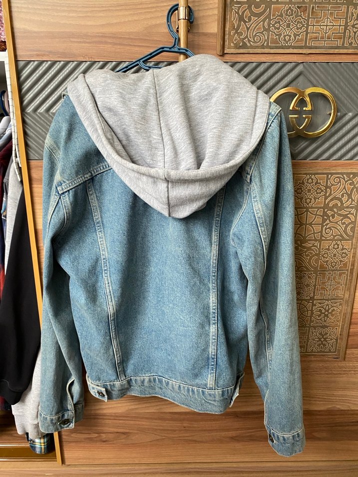 Gri Kapüşonlu Erkek Denim Ceket - Görsel 3