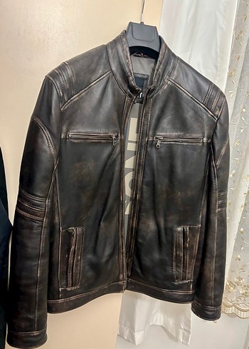 Derimod Yeni Sıfır Kahverengi Deri Biker Ceket - Görsel 3