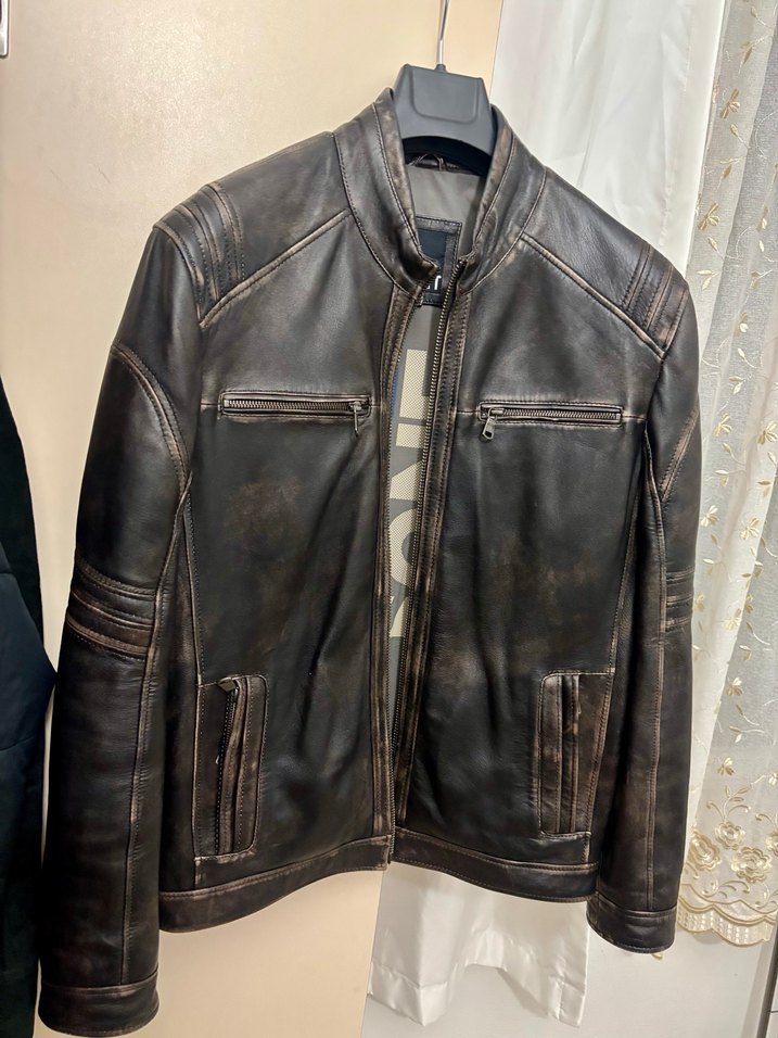 Derimod Yeni Sıfır Kahverengi Deri Biker Ceket - Görsel 3