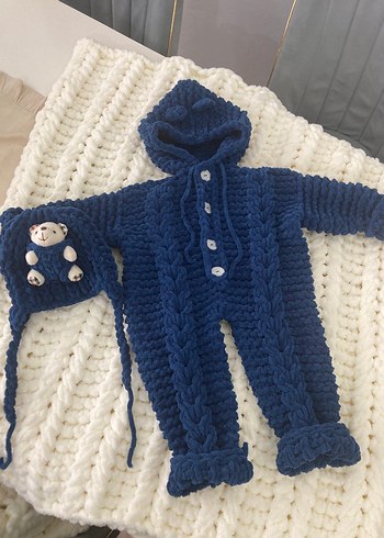 1 Yaş Beden mavi Renk Puffy Mavi Örgü Bebek Tulumu ve Şapka Seti