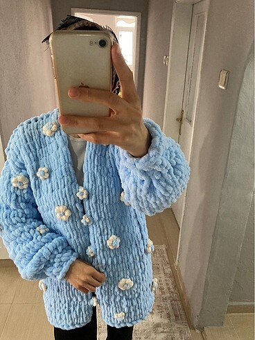 l Beden mavi Renk Puffy hırka çiçekli