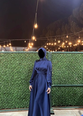 Drapeli Saten Tesettür Lacivert Kadın Elbise