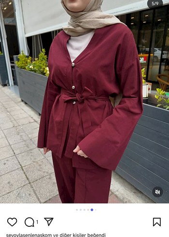 Armine Bordo Kemerli Uzun Kol Ceket ve Pantolon Takım
