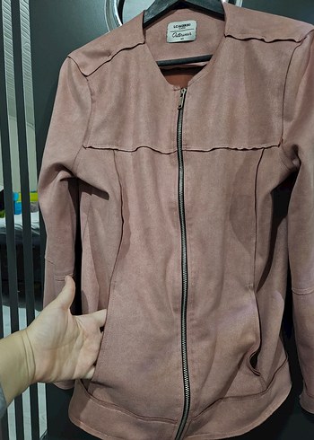 Kadın gülkurusu Süet Fermuarlı Deri Ceket - Görsel 4