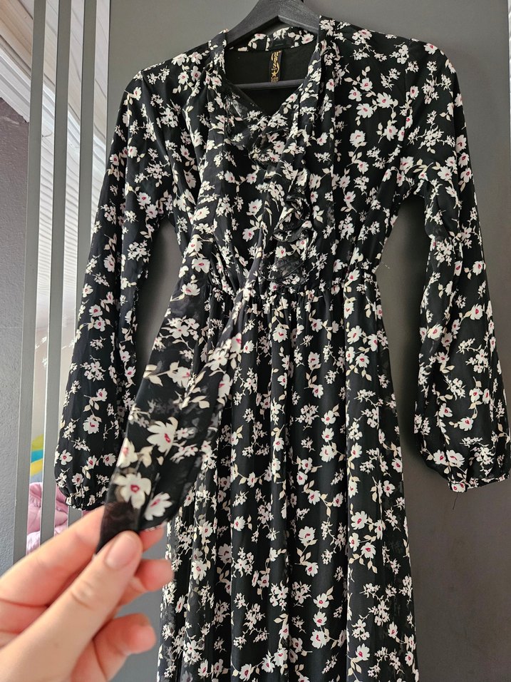 Siyah Çiçek Desenli Uzun Bohem Elbise 38-40 beden uyumlu - Görsel 2